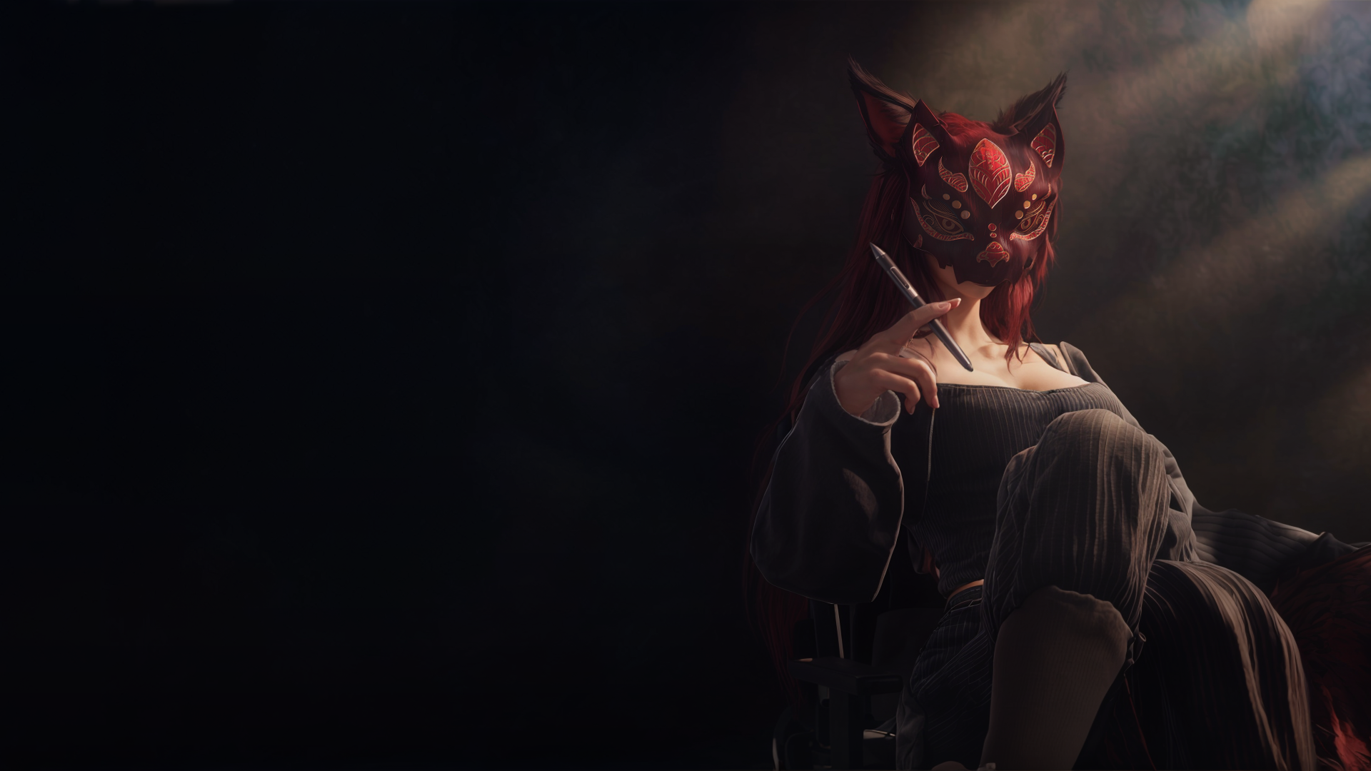 Cover Photo for About Page - depicting a red haired woman sitting in a chair with a stylus in her hand.