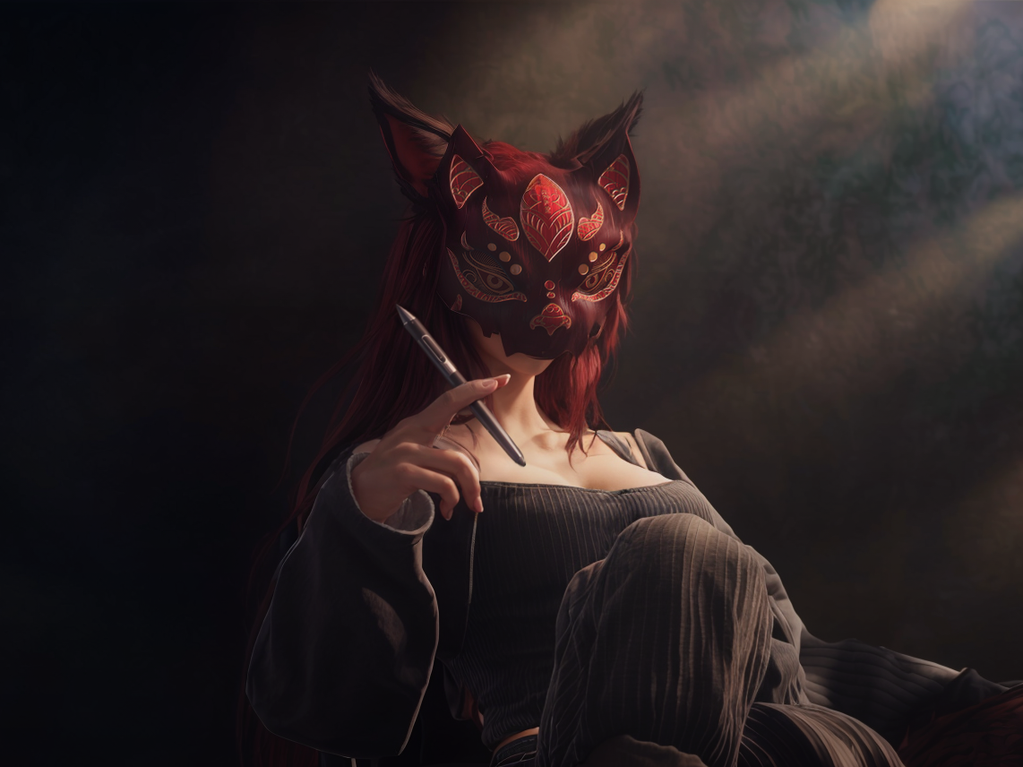 Cover Photo for About Page - depicting a red haired woman sitting in a chair with a stylus in her hand.